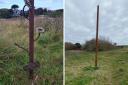The mystery sculpture, left, and the original Rusty Pole that was removed in April