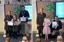 Lions Richard Allen and Gill Wilson with the winners of the poster competition