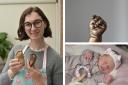 Helen Wood, owner of Mummy's Prints, with a hand cast and a newborn baby.