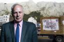 Ian Liddell-Grainger, with a background picture of the farming protests in Kent.