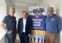 East Devon MP Simon Jupp with Professor Mark Hannaford and Jamile Siddiqui.