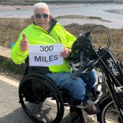 Geoff Green celebrates ticking off the first 300 miles of his challenge
