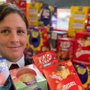 Michaela Greenslade, Exeter branch manager for Shoobridge Funeral Directors, with some of the donated Easter eggs