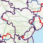 In blue, existing constituencies, and in red, proposed changes to electoral boundaries across Devon.