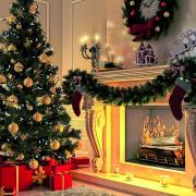 Christmas tree, presents and decorated fireplace create a cosy ambience.