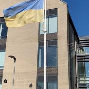 The Ukrainian flag flying outside Blackdown House in Honiton.