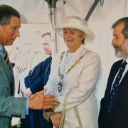 Patricia Graham with Prince Charles at the unveiling of the geoneedle at Orcombe Point in 2002