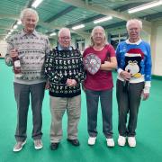 Roy Gill, Lin Hambly and Geoff Furminger, with Club President Keith Weeks (2nd left) who presented the shield to winners of Madeira Christmas Triples.