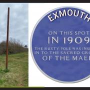 Exmouth's Rusty Pole and the spoof 'blue plaque' image created for April Fool's Day