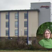 The Hampton by Hilton Hotel and, inset, Cllr Jess Bailey, 'ashamed' at the conditions