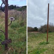 The mystery sculpture, left, and the original Rusty Pole that was removed in April