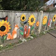 Colourful decorations on the fence, and flowers finally blooming along the base