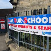 Parents demonstrate in support of St Leonard's Catholic School, Durham, which has been disrupted by sub standard reinforced autoclaved aerated concrete