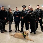 Police and Crime Commissioner Alison Hernandez joins police and sniffer dog Elvis during an Operation Scorpion drugs search at Plymouth Railway Station